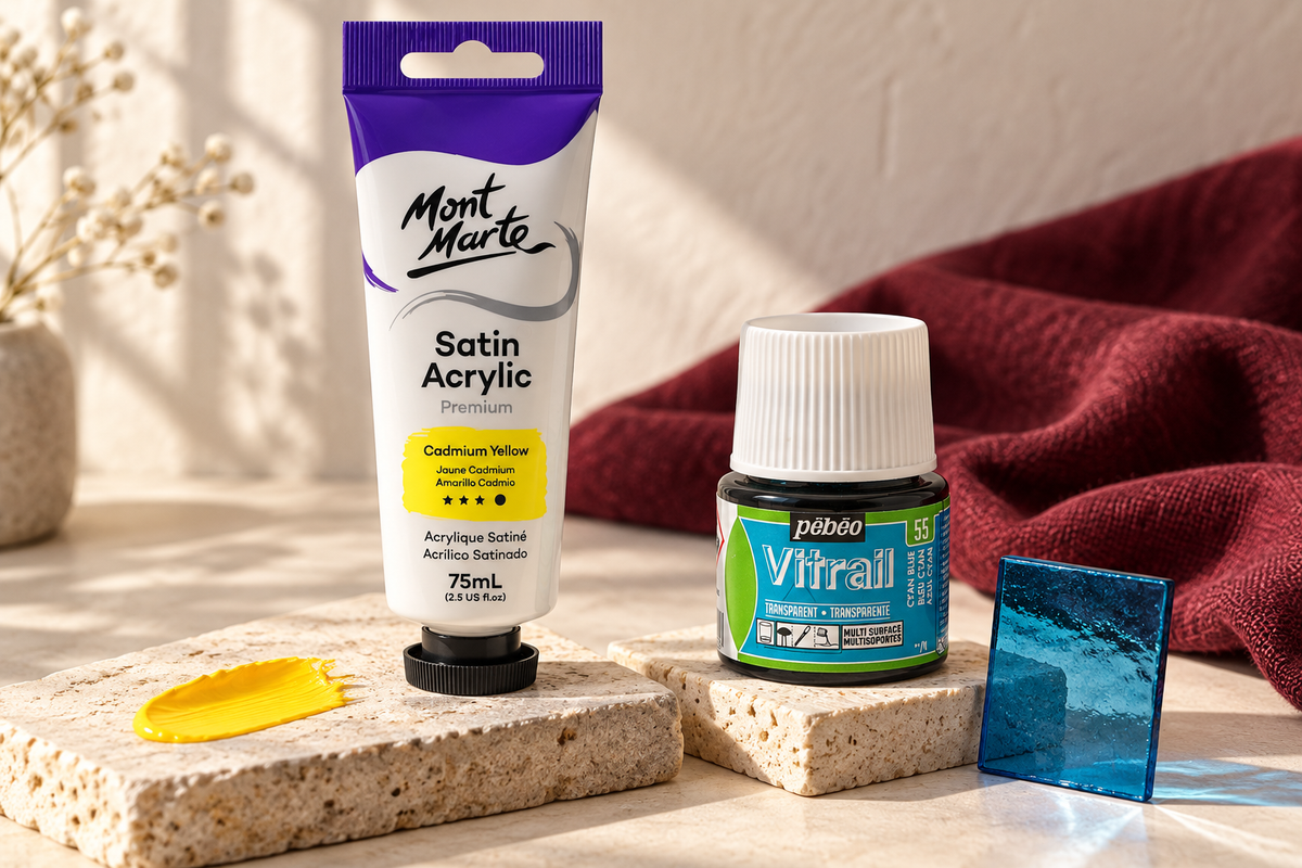 Mont Marte Satin Acrylic-ის ტუბი და Pébéo Vitrail-ის ქილა