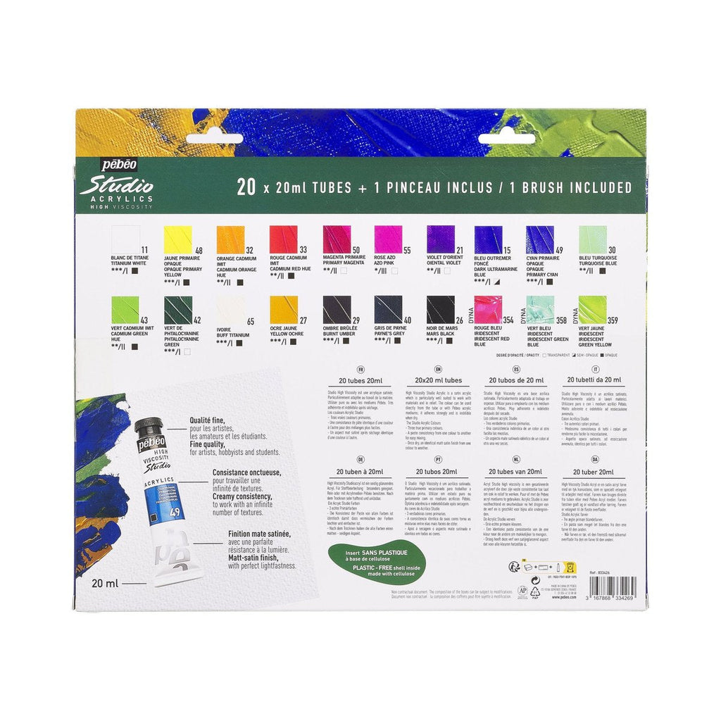 აკრილის საღებავის ნაკრები 20 ფერი Pebeo - ST.ACRYL HV PACK 20T20ML+BRUSH