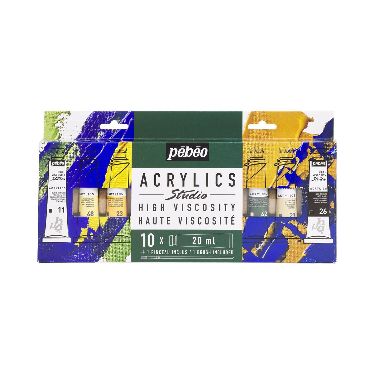 აკრილის საღებავის ნაკრები 10 ფერი Pebeo - STU ACRYL HV PACK10T20ML+BRUSH