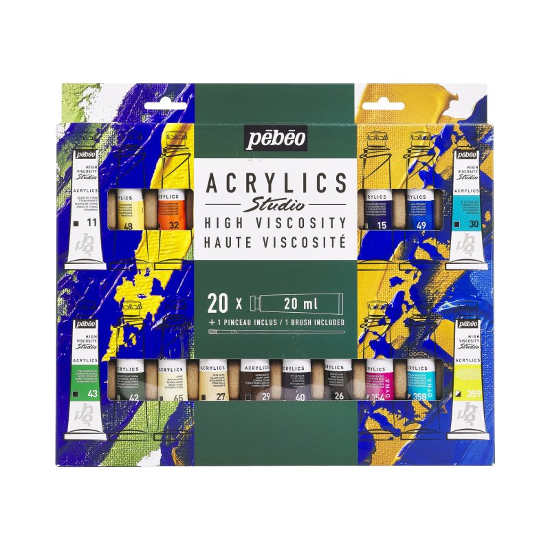 აკრილის საღებავების ნაკრები 20×20 მლ + ფუნჯი STUDIO ACRYLICS SET 20 ASSORTED 20 ML TUBES WITH BRUSH