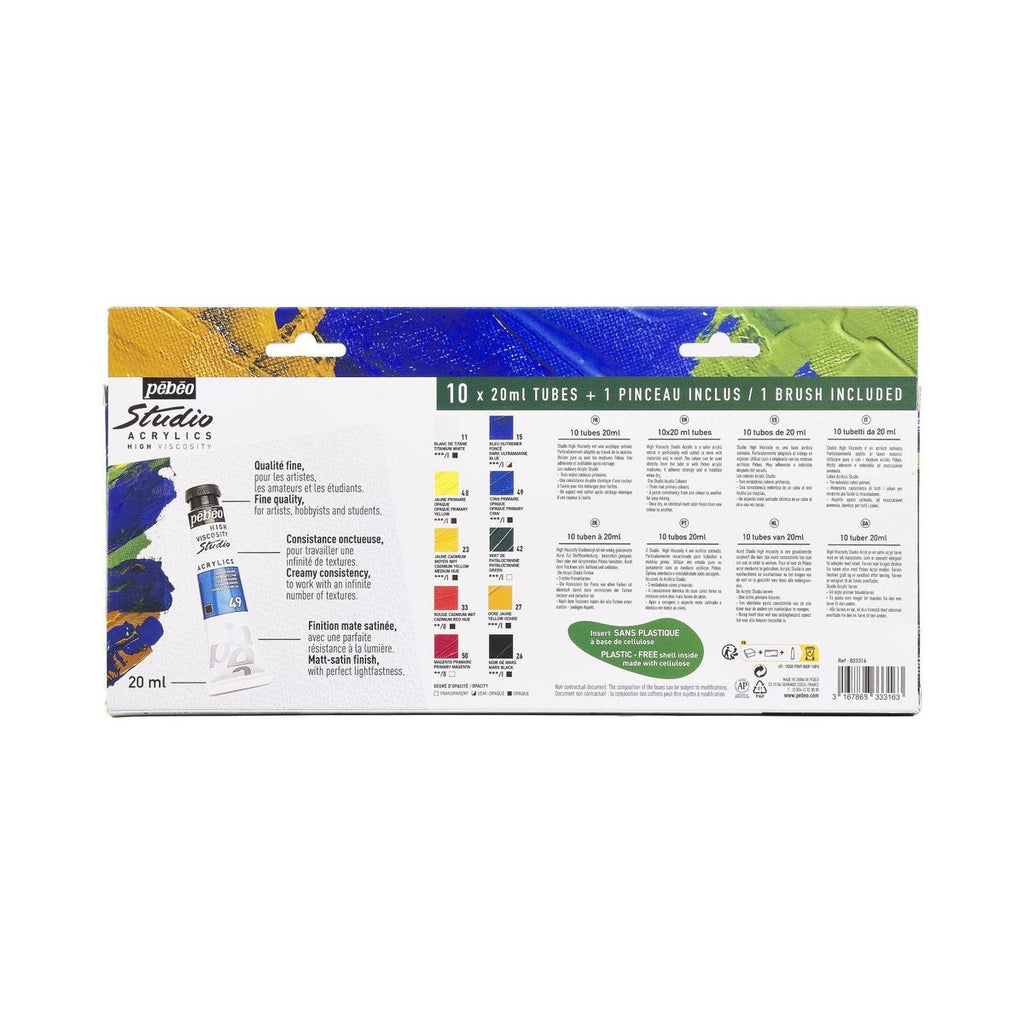 აკრილის საღებავის ნაკრები 10 ფერი Pebeo - STU ACRYL HV PACK10T20ML+BRUSH