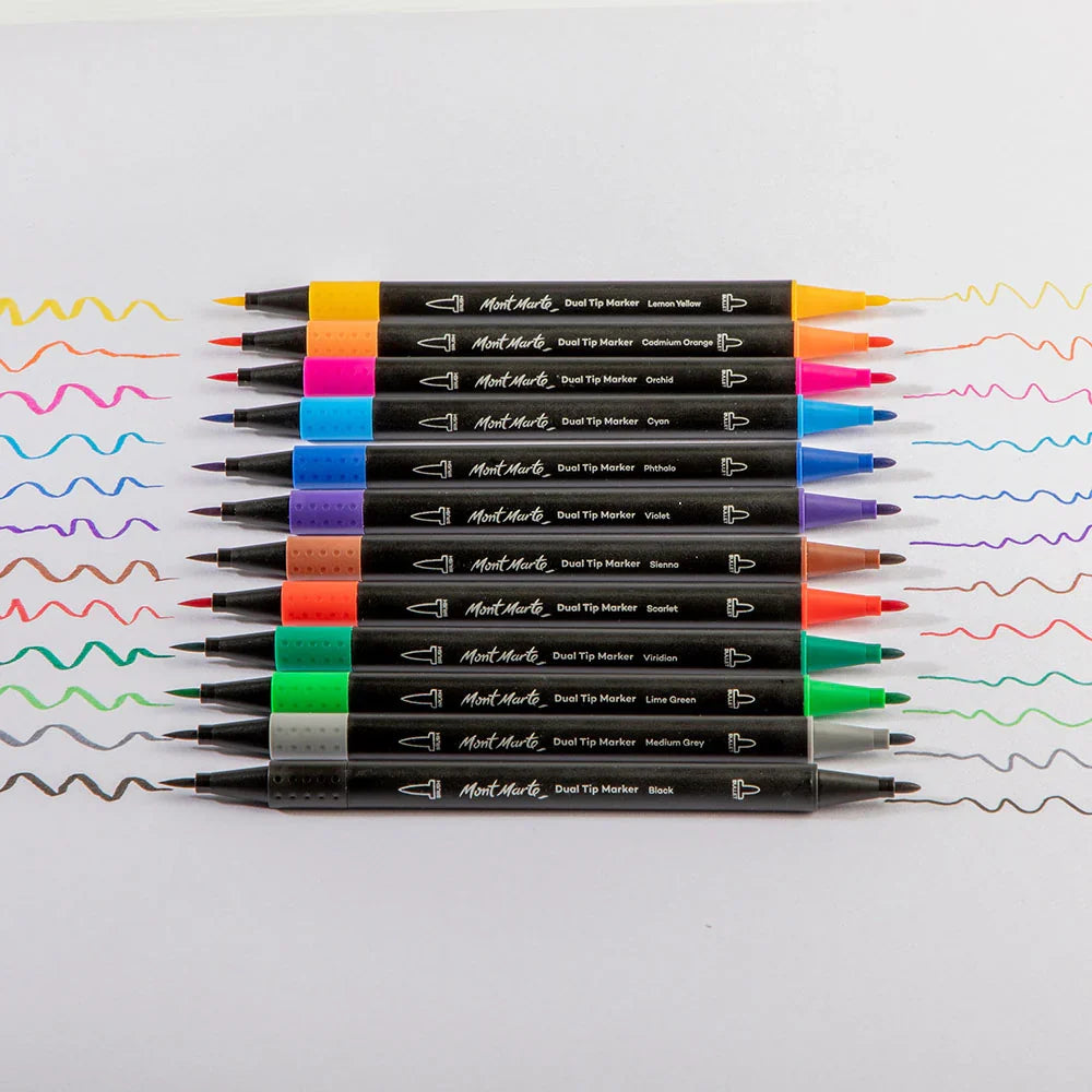 მარკერების ნაკრები ორი წვერით 12 ფერი  MM Dual Tip Markers Brush/Bullet 12pc