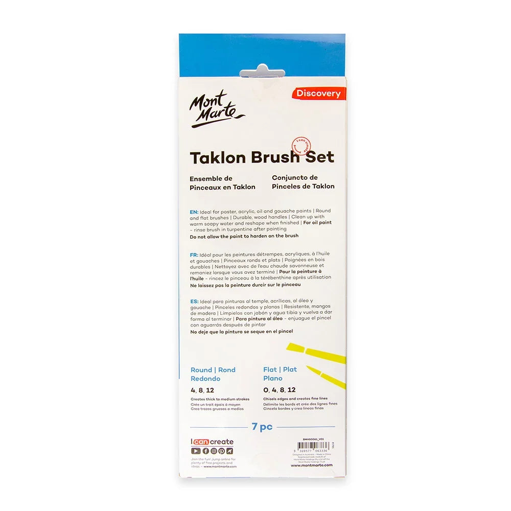 Mont Marte Discovery Taklon Brush Set – Round & Flat, 7pc
