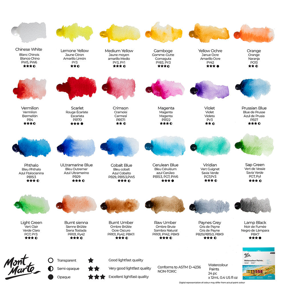 აკვარელის საღებავი ნაკრები 24 ფერი 12მლ - MM Watercolour Paint Set 24pc x 12ml