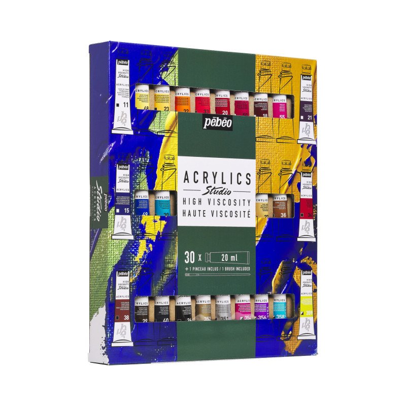 აკრილის საღებავების ნაკრები 30×20 მლ + ფუნჯი  STUDIO ACRYLICS SET 30 ASSORTED 20 ML TUBES WITH BRUSH