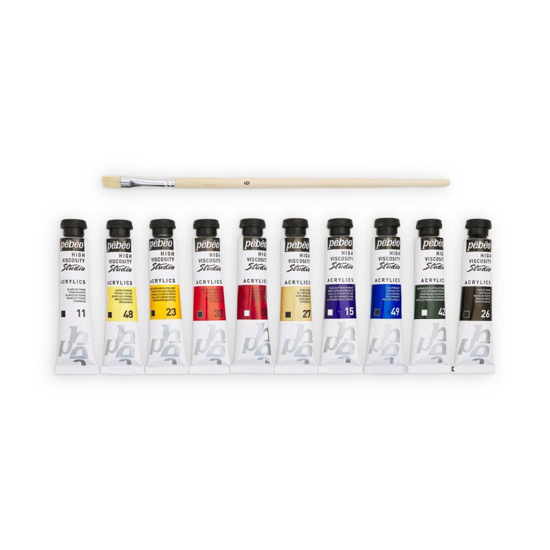 აკრილის საღებავების ნაკრები 10×20 მლ + ფუნჯი STUDIO ACRYLICS SET 10 ASSORTED 20 ML TUBES WITH BRUSH