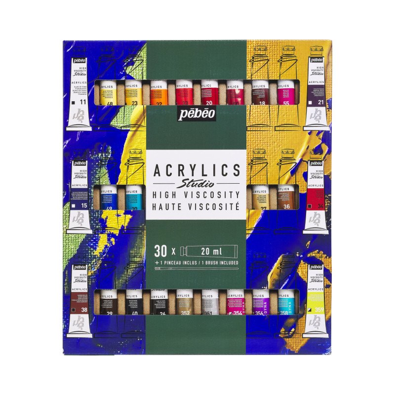 აკრილის საღებავების ნაკრები 30×20 მლ + ფუნჯი  STUDIO ACRYLICS SET 30 ASSORTED 20 ML TUBES WITH BRUSH