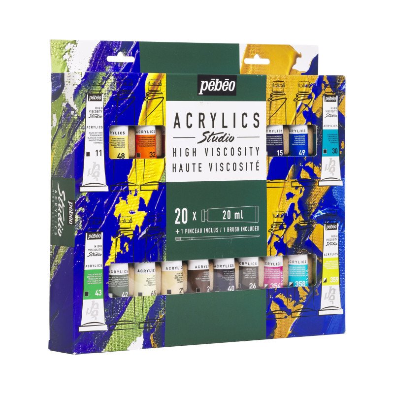 აკრილის საღებავების ნაკრები 20×20 მლ + ფუნჯი STUDIO ACRYLICS SET 20 ASSORTED 20 ML TUBES WITH BRUSH