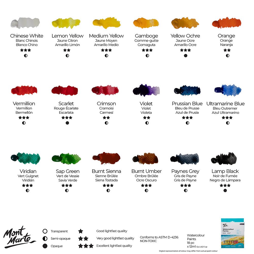 აკვარელის საღებავი ნაკრები 18 ფერი 12მლ - MontMarte Watercolour Paint Set 18pc x 12ml