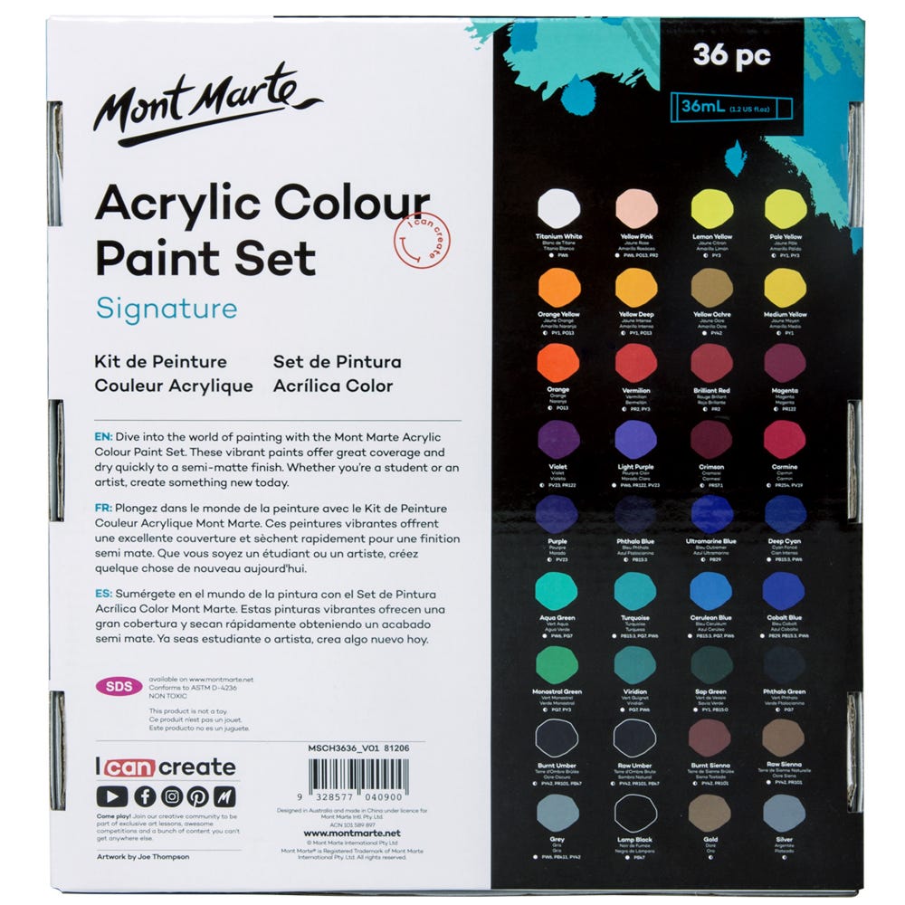 აკრილის საღებავები  36 ფერი ნაკრები MM Acrylic Paint Set 36pc x 36ml