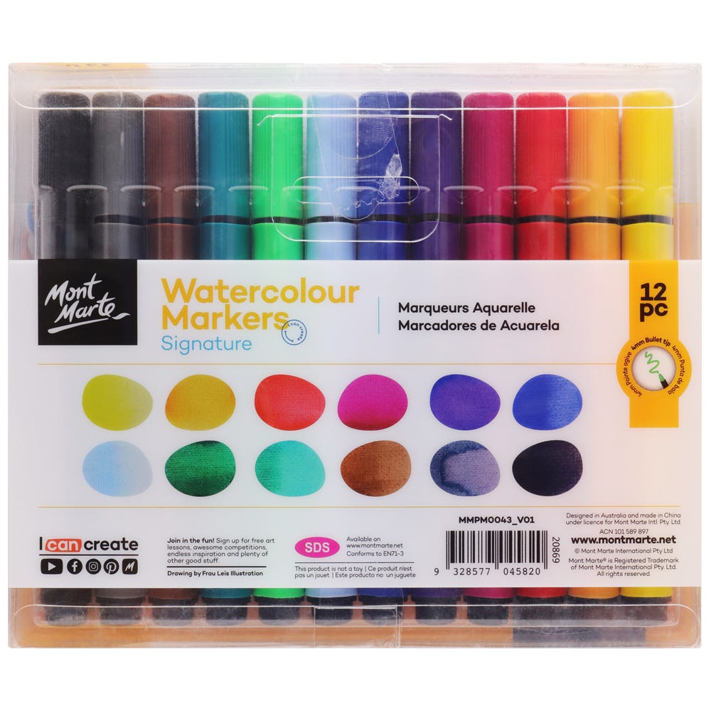 აკვარელის მარკერი ნაკრები 12 ფერი MM Watercolour Markers 12pc Tri Grip in Case