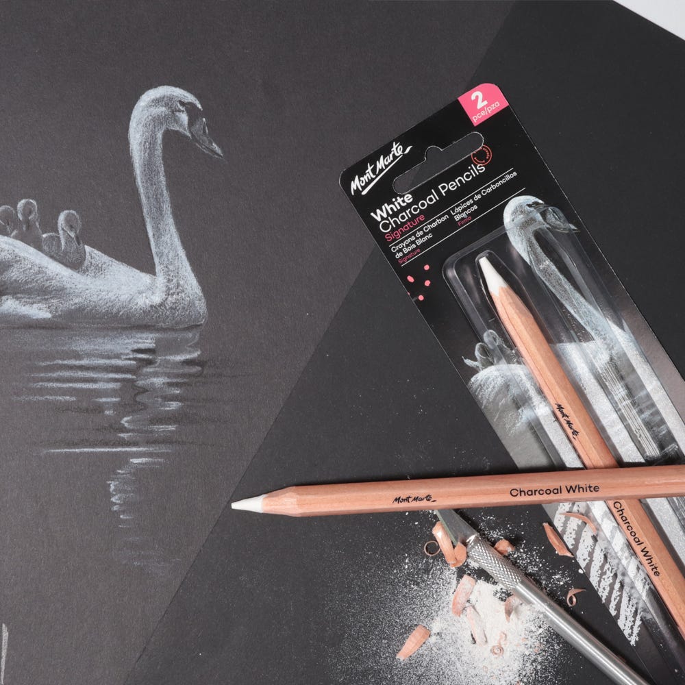 MM White Charcoal Pencils Lge Hex 2pc