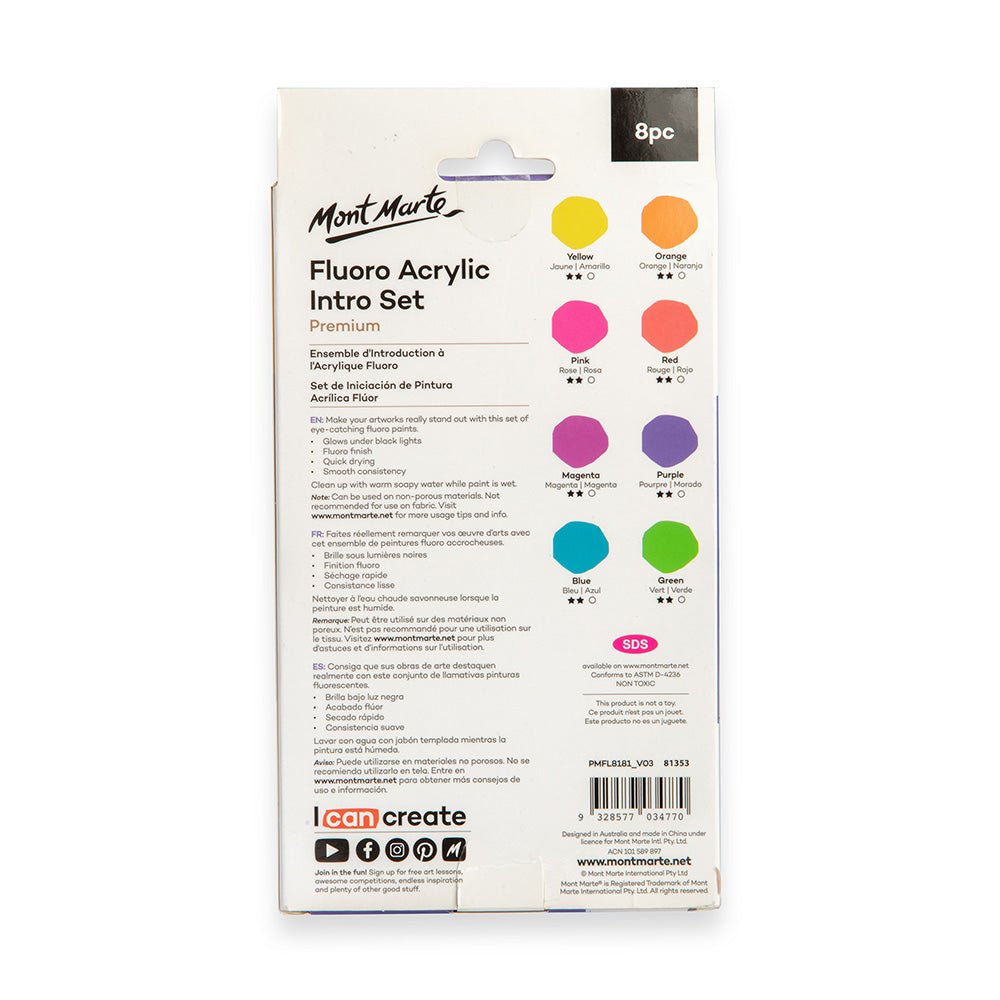ნეონის საღებავი აკრილი 8 ფერიანი ნაკრები MM Fluro Acrylic Intro Set 8pc x 18ml - ARTISTA